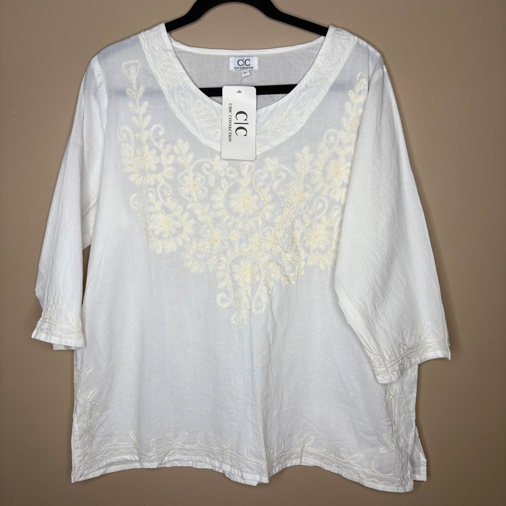 Chic Connection White 100% Cotton Embroidered Boho Tunic Top Large NWT